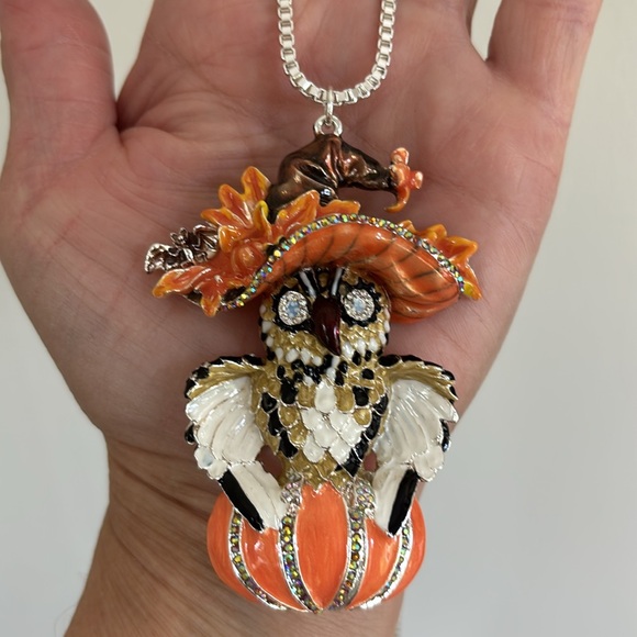 Kirks Folly Whimsical Witchy Owl On Pumpkin Silver Tone Adjustable Necklace - Picture 1 of 14